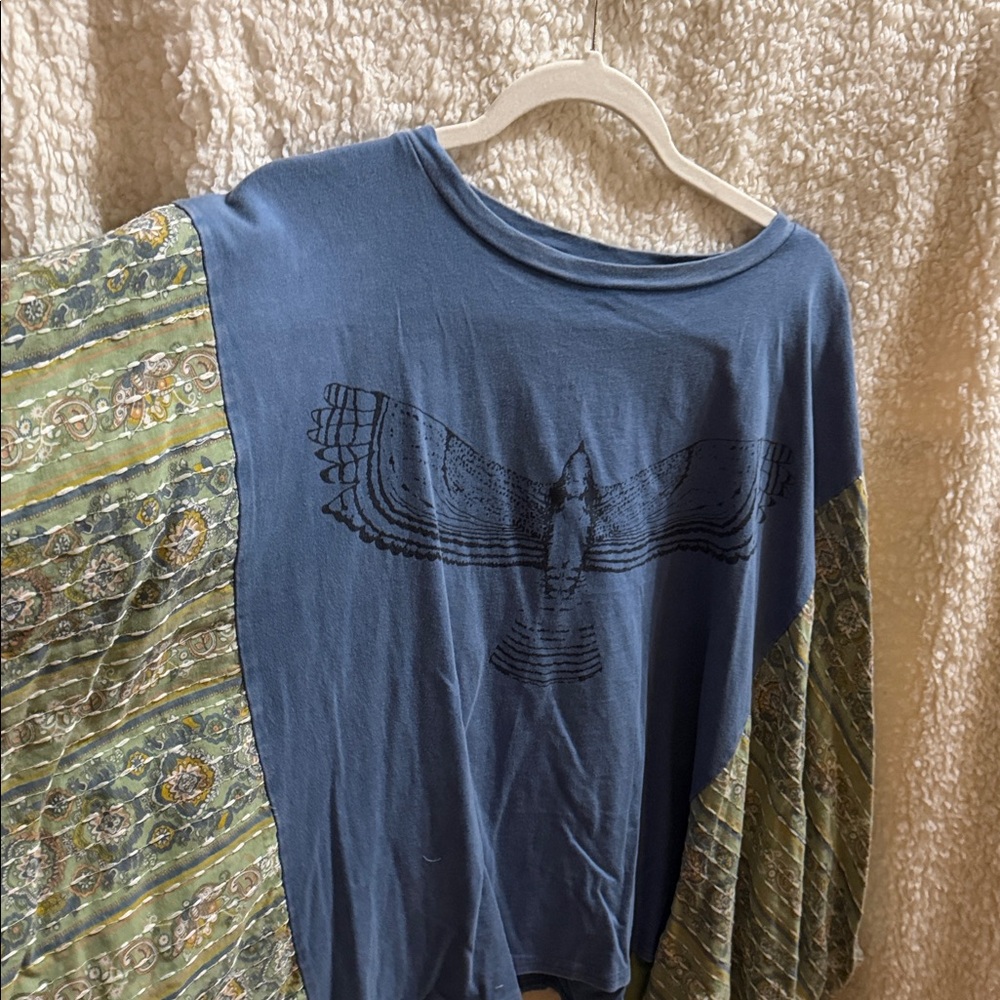 Stylish Blue Top with Green Patterned Sleeves